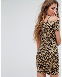 Motel Bodycon Dress With Cold Shoulder Cami Straps In Leopard