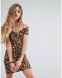 Motel Bodycon Dress With Cold Shoulder Cami Straps In Leopard