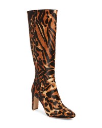 Brown Leopard Calf Hair Knee High Boots