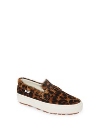 Brown Leopard Calf Hair Slip-on Sneakers