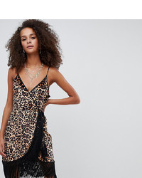 Kiss The Sky Wrap Cami Dress With Fringe Hem In Leopard