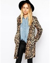 Pepe Jeans Leopard Faux Fur Coat Brown