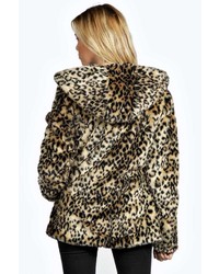 Boohoo Saoirse Leopard Pom Pom Hooded Faux Fur Coat