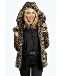 Boohoo Saoirse Leopard Pom Pom Hooded Faux Fur Coat