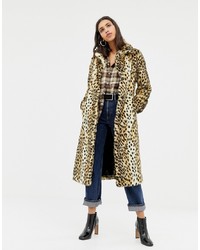 Warehouse Faux Fur Maxi Coat In Leopard