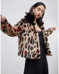 LOST INK Faux Fur Crop Jacket In Leopard