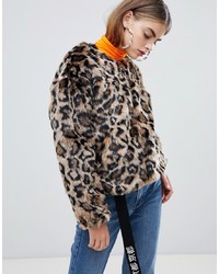 Bershka Faux Fur Leopard Jacket In Multi