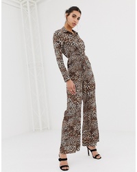PrettyLittleThing Knot Front Shirt Jumpsuit In Leopard