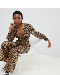 Glamorous Petite Tea Jumpsuit In Leopard Print With Plunge Front