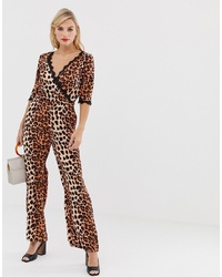Liquorish Wrap Front Jumpsuit In Leopard Print With Sleeve Detail