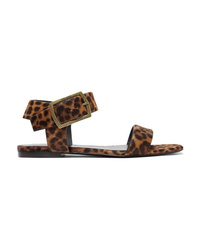Brown Leopard Leather Flat Sandals