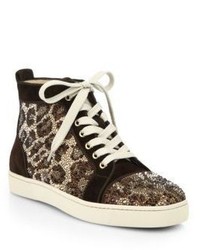 Christian Louboutin Crystal Leopard Pattern Suede High Top Sneakers
