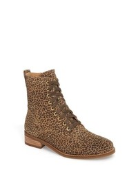 Brown Leopard Leather Lace-up Flat Boots