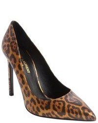 Saint Laurent Black And Brown Leather Leopard Print Pointed Toe Pumps