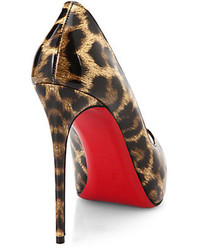 Christian Louboutin New Very Prive Leopard Print Patent Leather Peep Toe Pumps