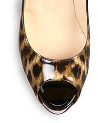 Christian Louboutin New Very Prive Leopard Print Patent Leather Peep Toe Pumps