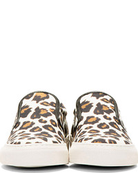 Mother of Pearl Brown Ivory Leopard Leather Trim Slip On Sneakers