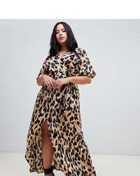 John Zack Plus Wrap Front Cap Sleeve Maxi Dress With Thigh Split In Leopard Print