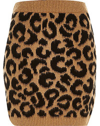 River Island Brown Leopard Print Brushed Knitted Skirt