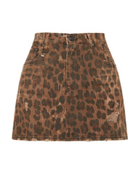 R13 Distressed Leopard Print Denim Mini Skirt