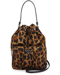 Brown Leopard Nylon Bucket Bag