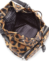 Prada Tessuto Mini Leopard Print Bucket Bag Tan