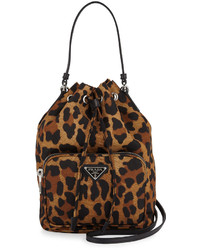 Prada Tessuto Mini Leopard Print Bucket Bag Tan