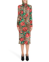 Dolce & Gabbana Rose Leopard Print Tie Neck Stretch Silk Midi Dress