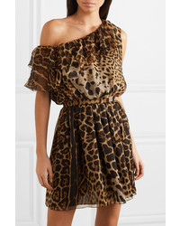 Saint Laurent One Shoulder Ruffled Leopard Print Silk Chiffon Mini Dress