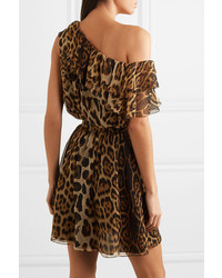 Saint Laurent One Shoulder Ruffled Leopard Print Silk Chiffon Mini Dress