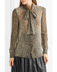 Saint Laurent Pussy Bow Leopard Print Silk Georgette Shirt Leopard Print