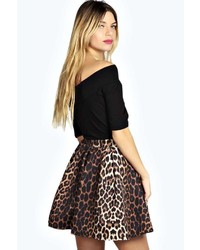Boohoo Holly Leopard Print Box Pleat Skater Skirt