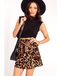 Missguided Leopard Print Scuba A Line Skirt Brown