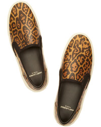 Saint Laurent Leopard Print Glossed Leather Slip On Sneakers