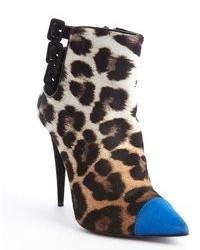 Giuseppe Zanotti Brown Leopard Print Calf Hair Suede Tipped Ankle Booties