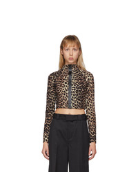 Ganni Tan And Black Recycled Jersey Leopard Zip Up Top