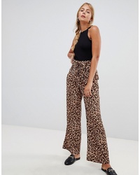QED London Leopard Print Paperbag Waist Wide Leg Trousers