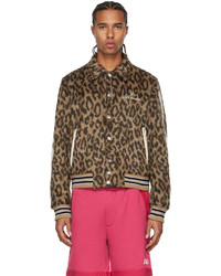 Brown Leopard Wool Bomber Jacket