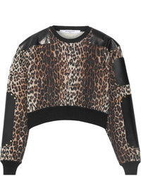 Givenchy Cropped Leather Paneled Leopard Print Wool Sweater Leopard Print
