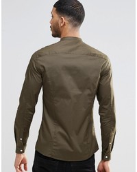 Asos Brand Skinny Shirt In Khaki With Grandad Collar And Long Sleeves