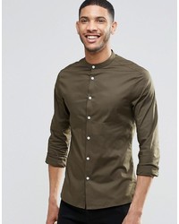 Asos Brand Skinny Shirt In Khaki With Grandad Collar And Long Sleeves