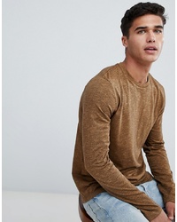ASOS DESIGN Long Sleeve T Shirt In Twisted Jersey Textured Fabric With Curved Hem In Tan