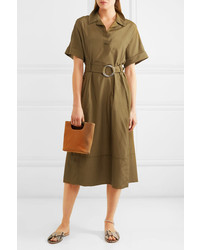 Barbara Casasola Belted Taffeta Midi Dress Tan