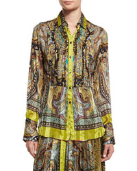 Etro Pleated Paisley Button Front Tunic Citrine