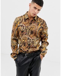 ASOS DESIGN Regular Fit Shirt In Satin With Paisley Burnout Print
