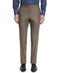 Canali Flannel Flat Front Trousers Light Brown