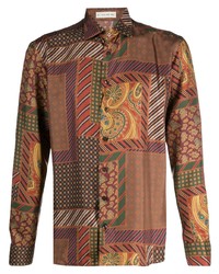 Brown Patchwork Silk Long Sleeve Shirt