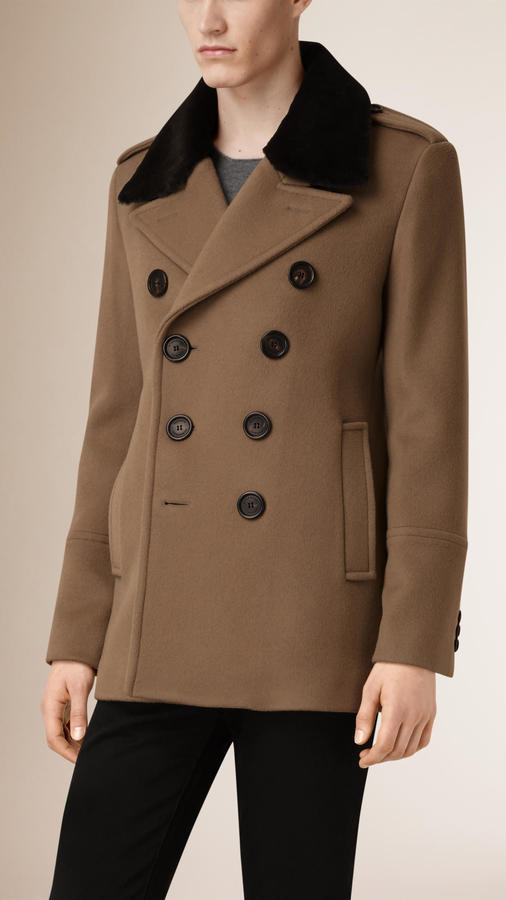 Burberry Virgin Wool Cashmere Pea Coat With Rabbit Fur Collar, $2,395 ...