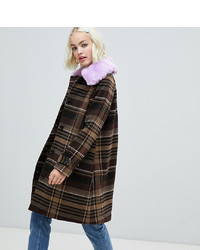 Monki Check Coat With Faux Fur Collar In Brown