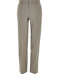 River Island Brown Check Wool Blend Slim Suit Pants